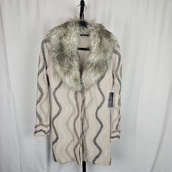 Nic + Zoe Faux Fur Collar Knit Cardigan Jacket Beige NWT Size M - Picture 1 of 6